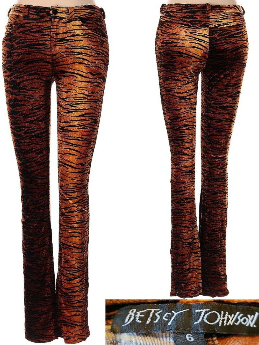 Vintage Betsey Johnson Y2K Tiger Animal Stretch Crushed Velvet Pants Brown Jeans